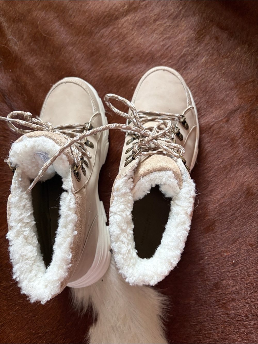 Women's Faux-Shearling Lace-Up Ankle Boots in Beige - Picture 4 of 4